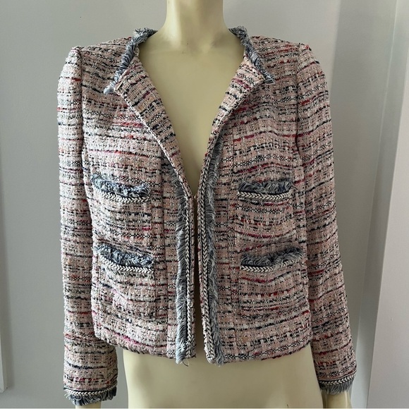 525 America Women’s Pink Cream Gold Tweed Fringe Jacket Blazer BohoGlam Barbie M - Picture 12 of 16